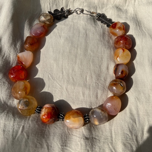 LARGE POLISHED CARNELIAN STONE STERLING SILVER NECKLACE - Picture 6 of 13